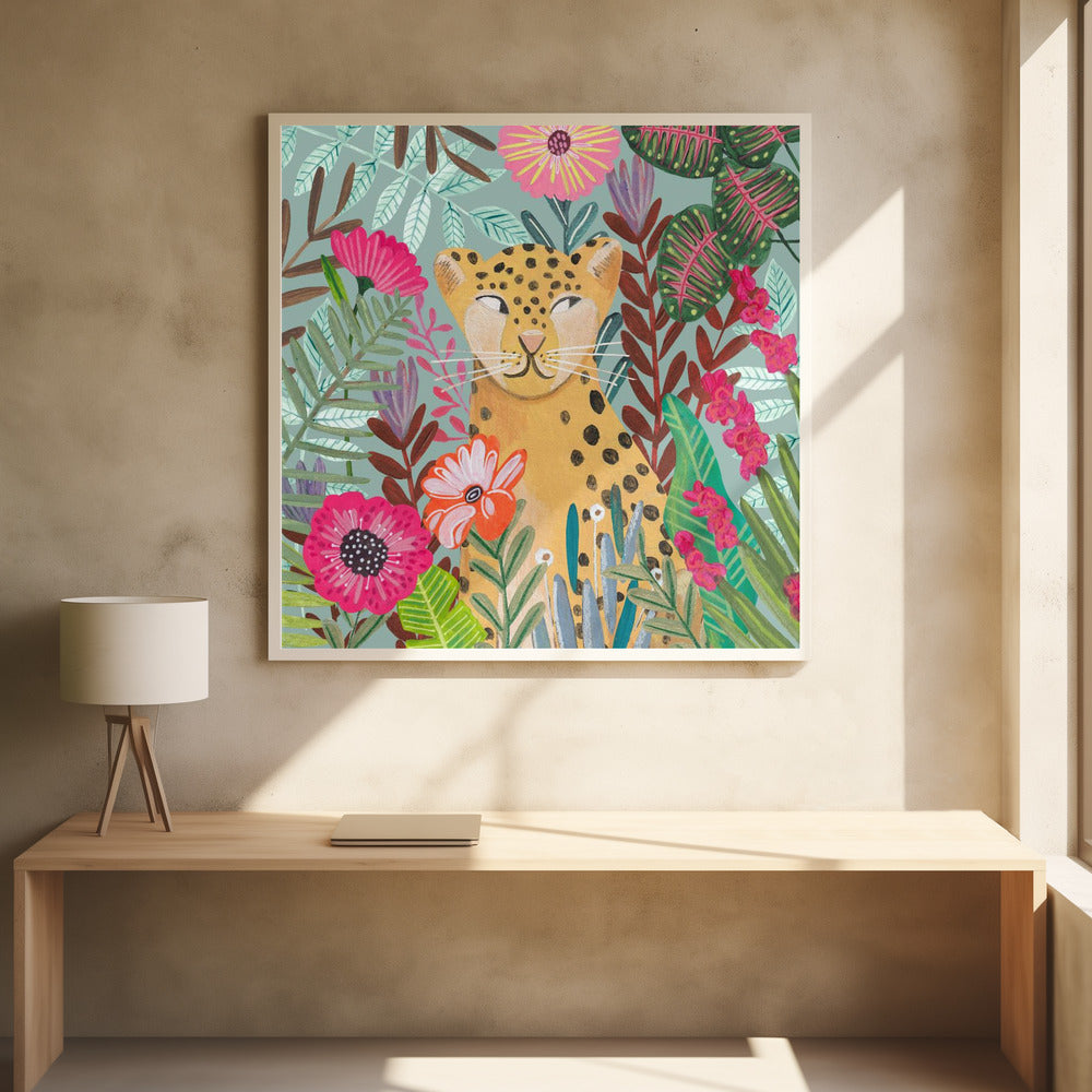 Leopard in floral jungle Poster