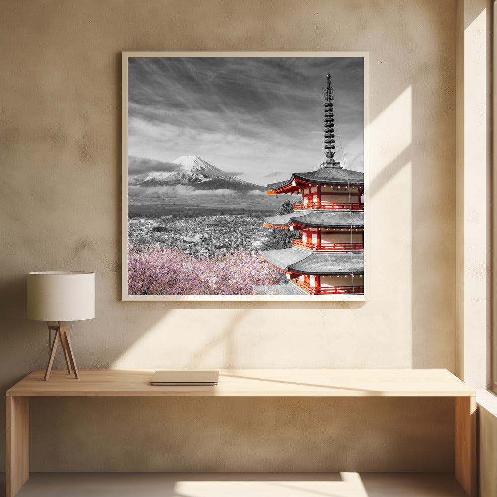 Lovely view of Mount Fuji with Chureito Pagoda during cherry blossom season - colorkey Poster