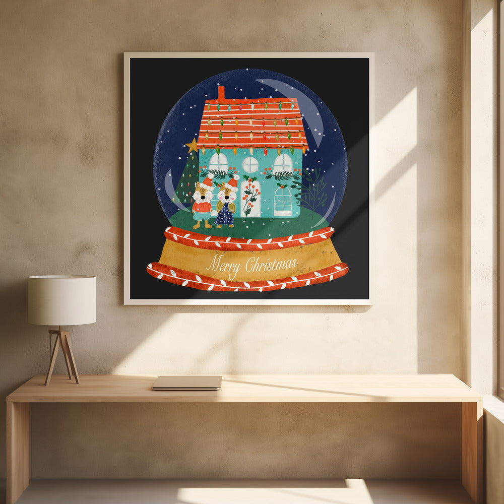 Christmas Snow Globe Village with Fox Family  - Merry Christmas Poster