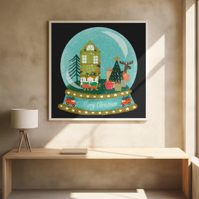 Christmas Snow Globe Village with Deer Family  - Merry Christmas Poster