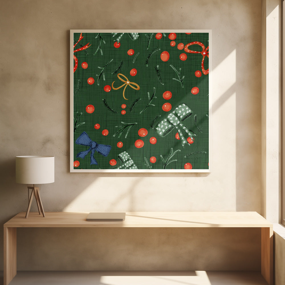 Moody Yuletide Holiday Bows and Berries Green Poster