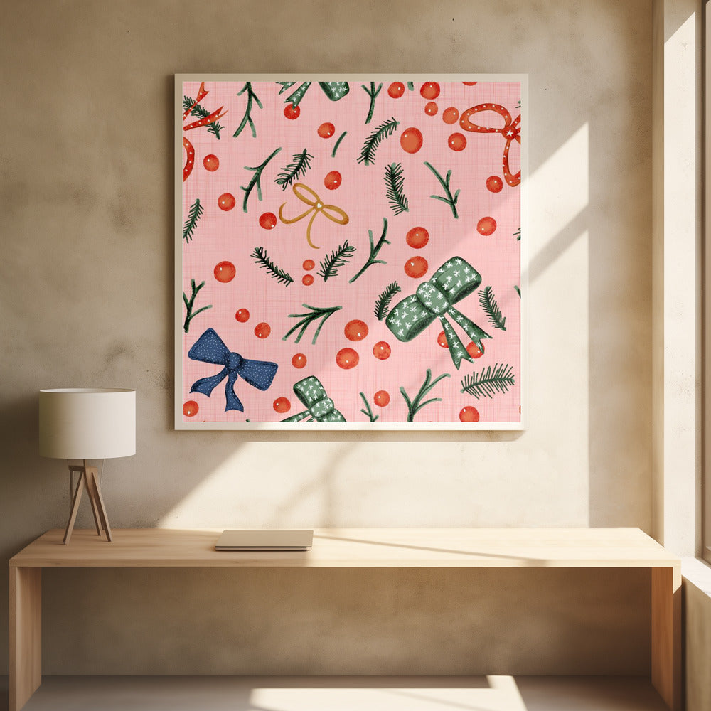 Moody Yuletide Holiday Bows and Berries Pink Poster