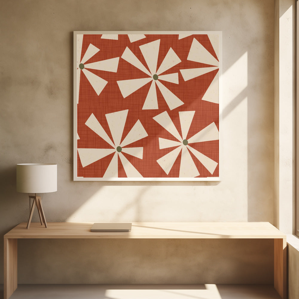 Geometric Floral Burst - Mid Century Flowers Rust Red Poster