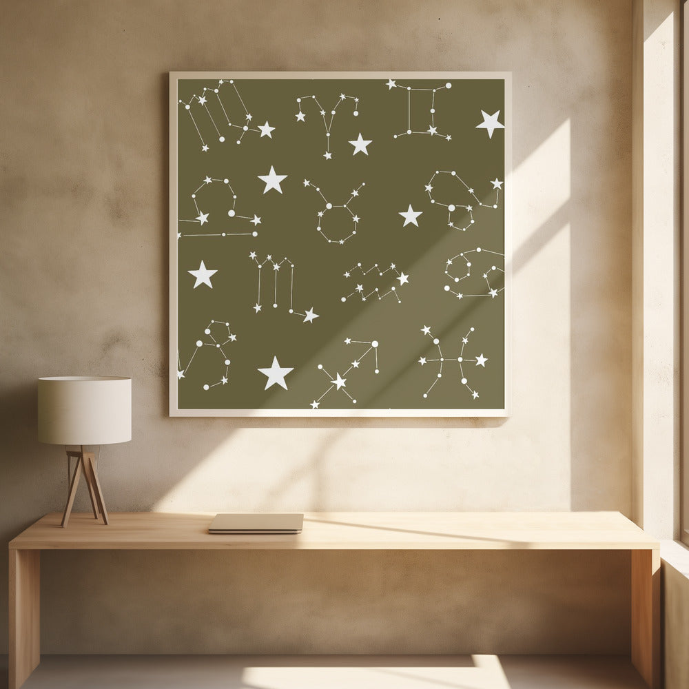 Celestial Constellation Boho-Moon and Stars In Dark Neutral-Olive Poster