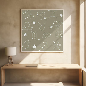 Celestial Constellation Boho-Moon and Stars In Dark Neutral - Olive Slate Poster