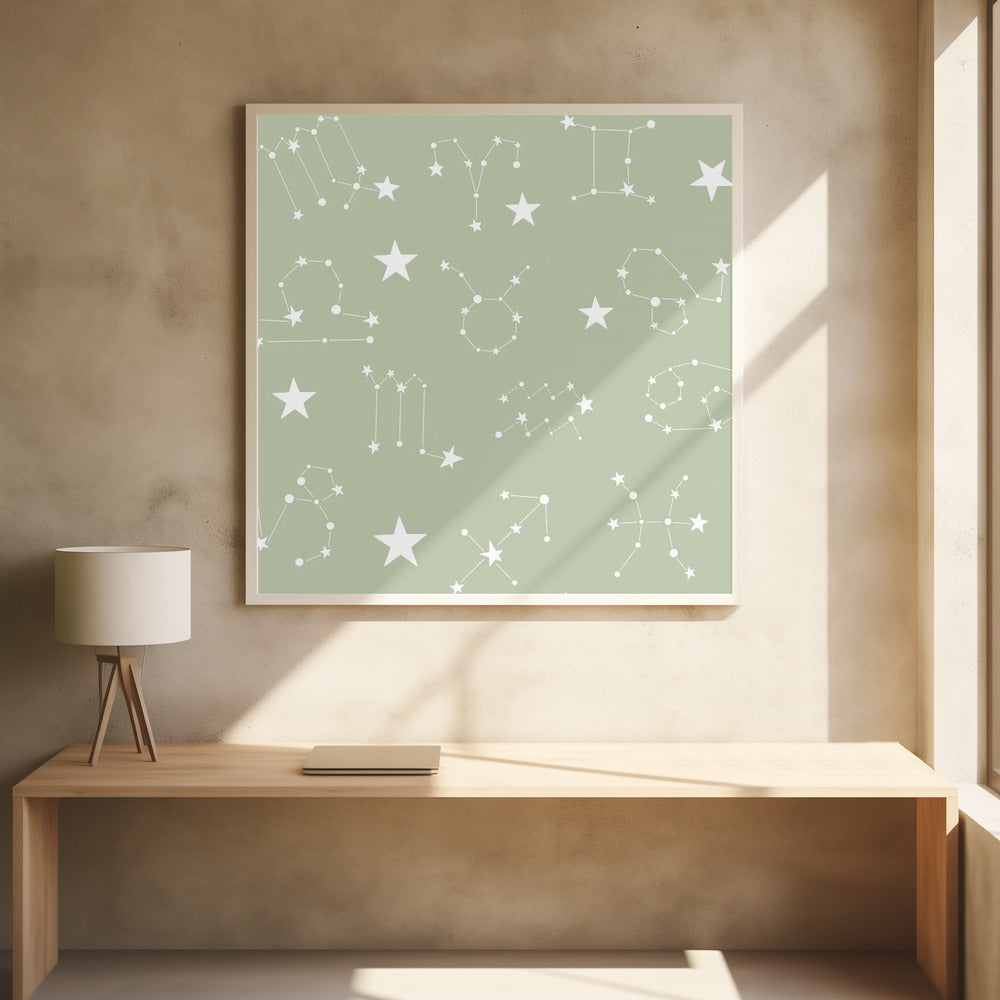 Celestial Constellation Boho-Moon and Stars In Dark Neutral- Sage Poster