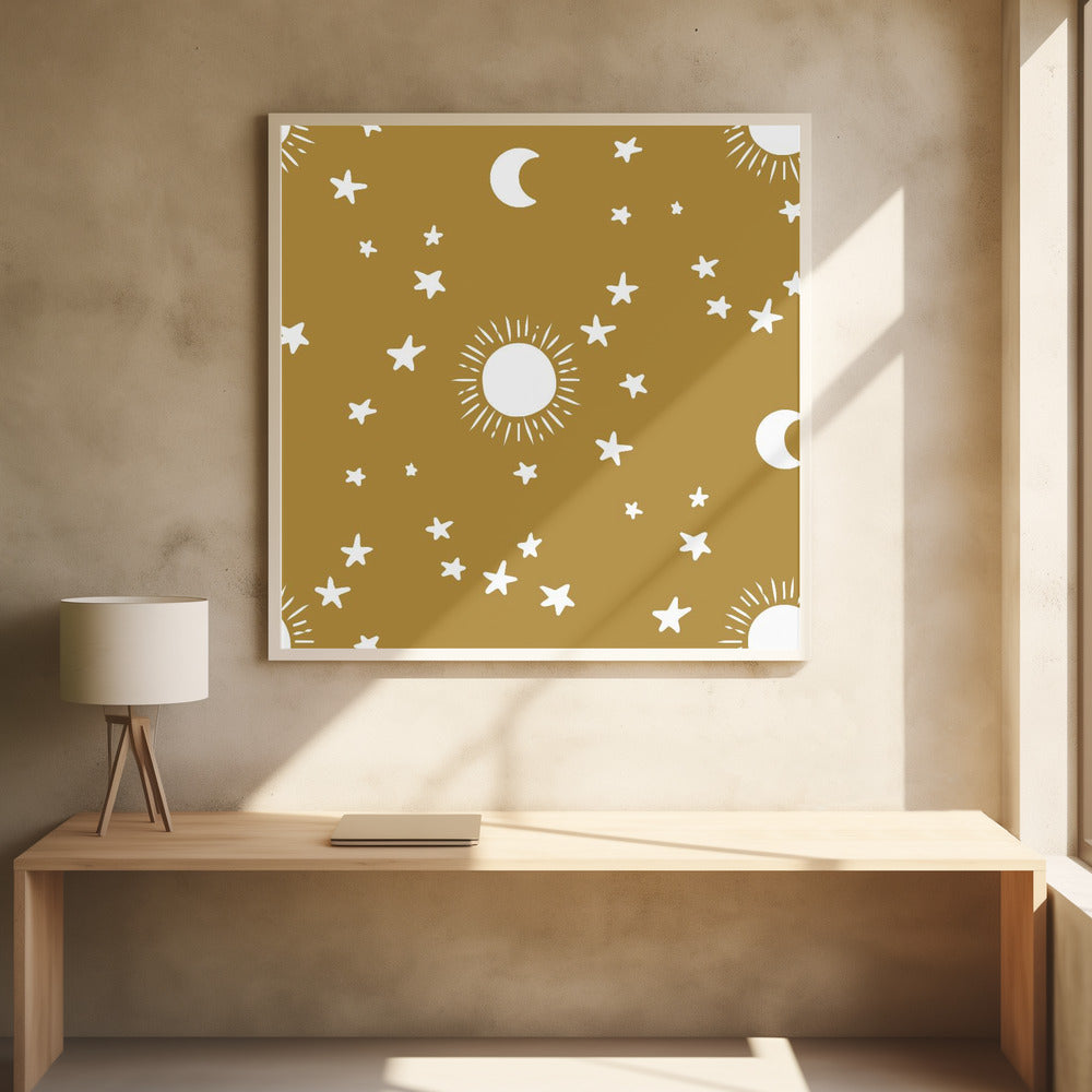 Celestial Dreamscape - Neutral Stars &amp; Shooting Stars Nursery-Golden Olive Poster