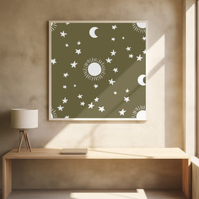 Celestial Dreamscape - Neutral Stars &amp; Shooting Stars Nursery- Olive Poster