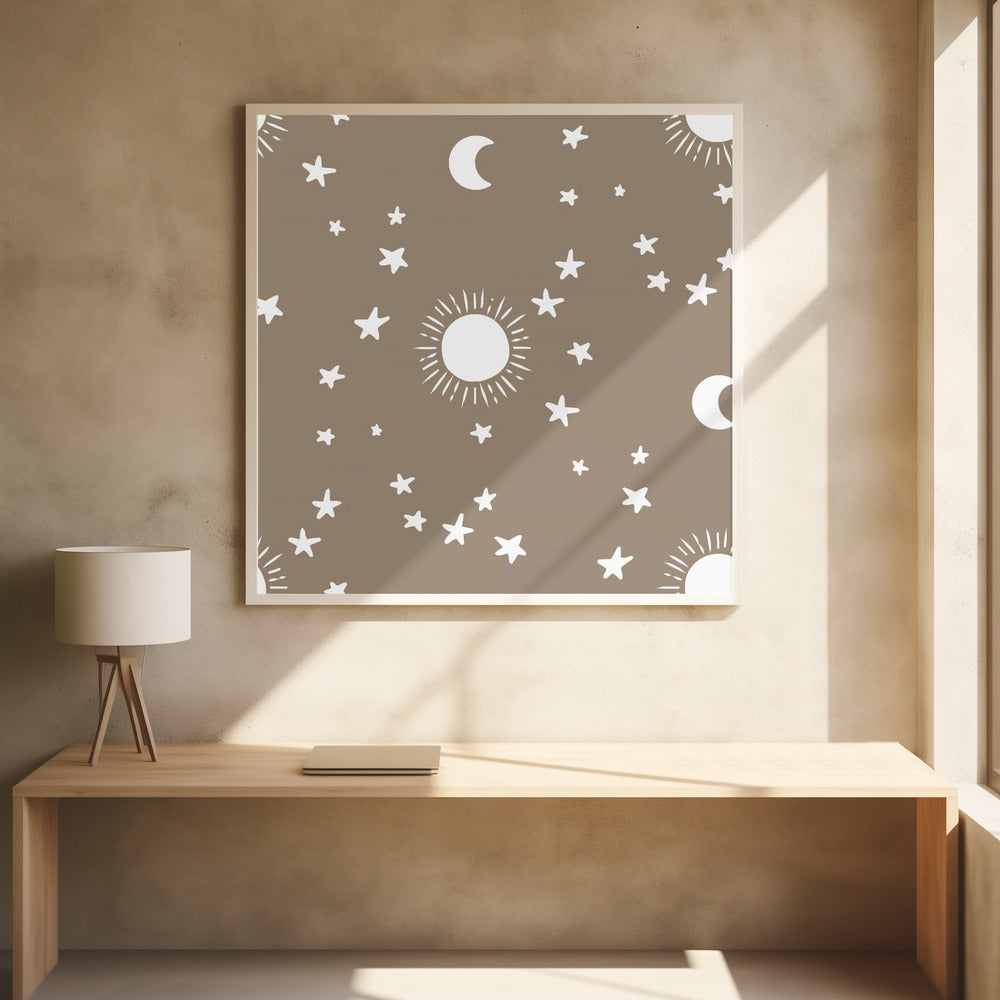 Celestial Dreamscape - Neutral Stars &amp; Shooting Stars Nursery- Taupe Poster