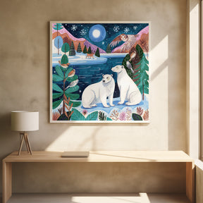 Polar bears Christmas at the North Pole under the moon Poster