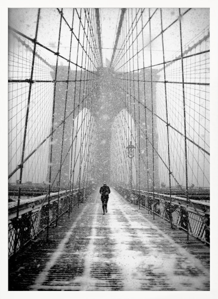 New York Walker in Blizzard - Brooklyn Bridge Poster