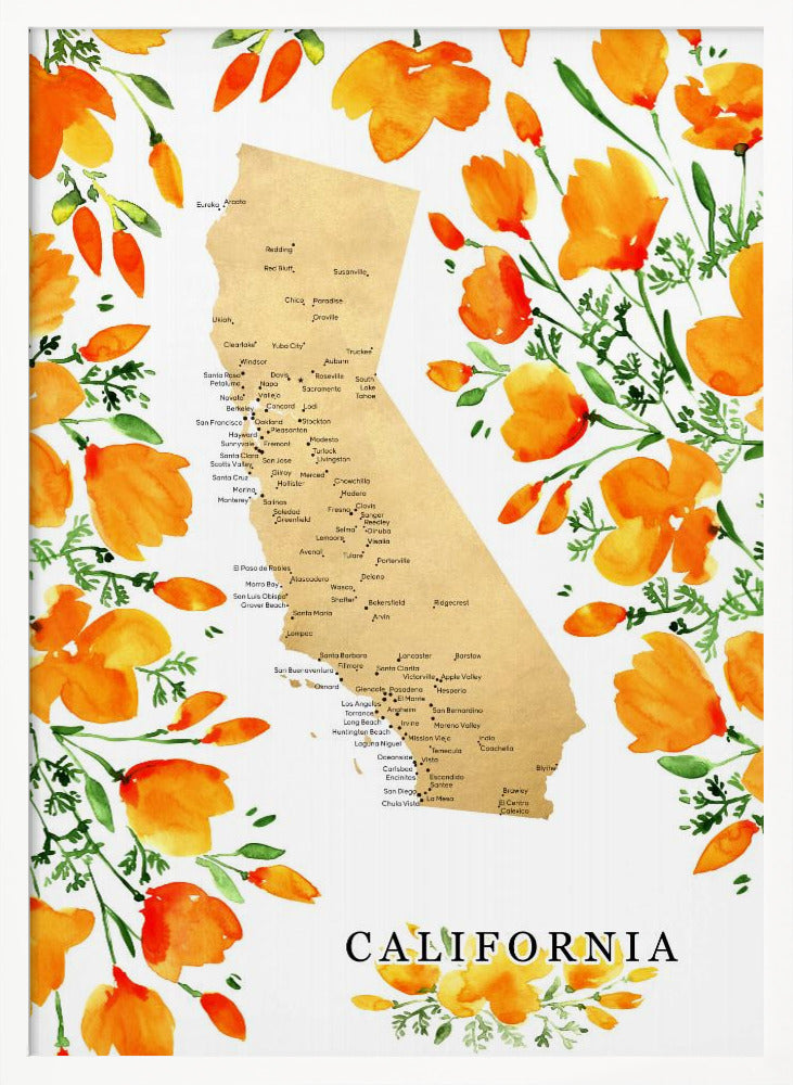 California map with watercolor poppies Poster