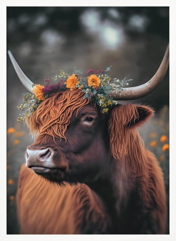 Highland Cow With Flowers Poster