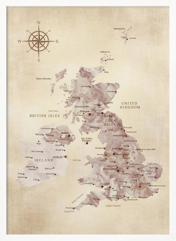 Sepia map of the United Kingdom Poster