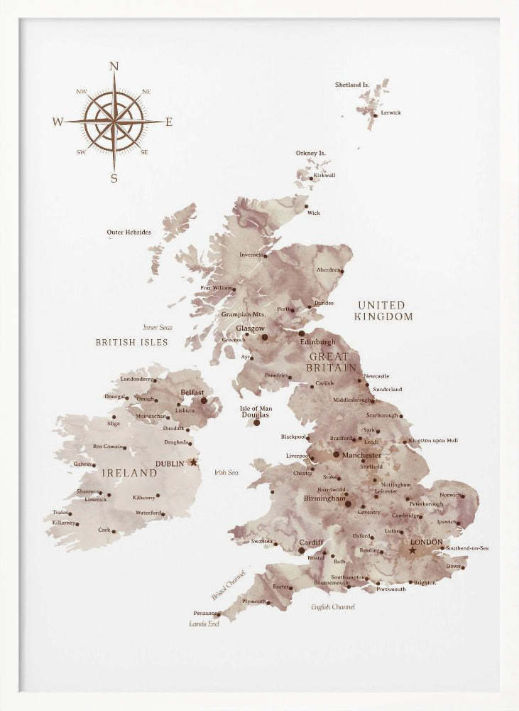 Taupe map of the United Kingdom Poster