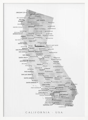 Grayscale watercolor map of California with cities Poster