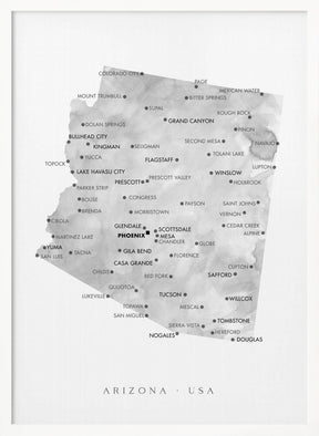 Grayscale watercolor map of Arizona, USA Poster