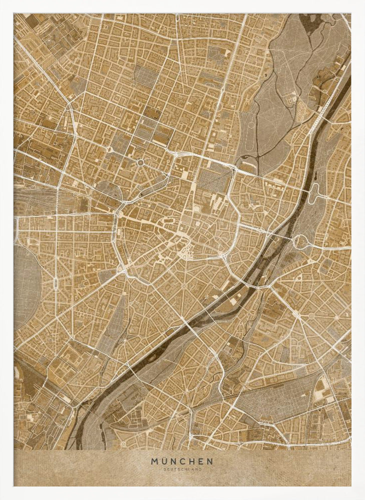 Sepia vintage map of Munich downtown Germany Poster