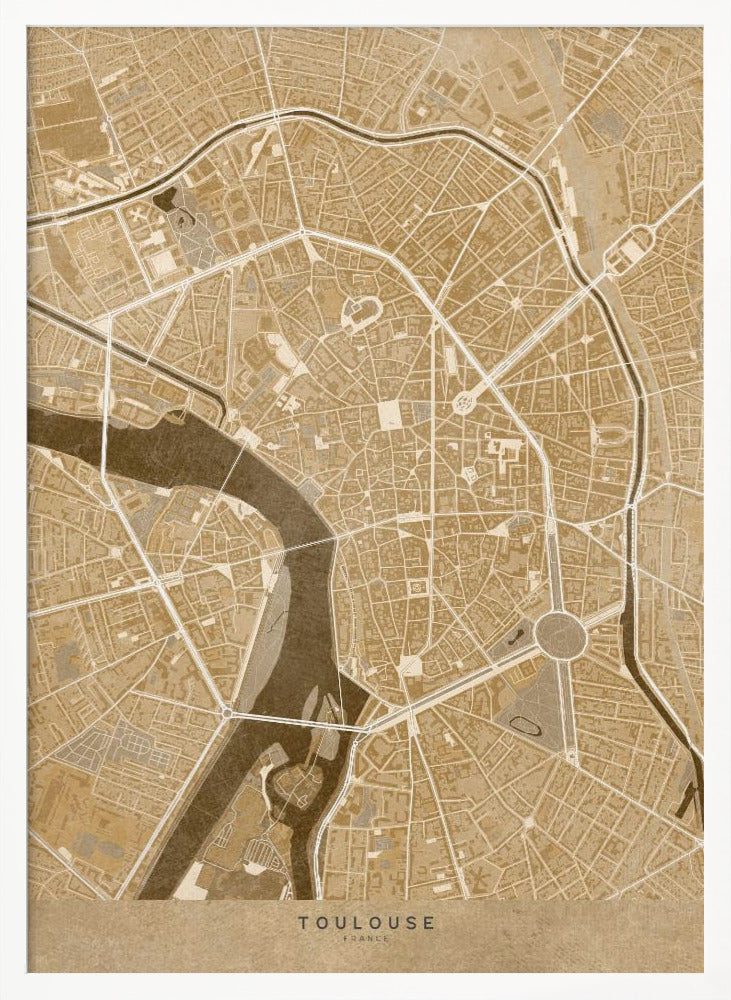 Sepia vintage map of Toulouse downtown France Poster