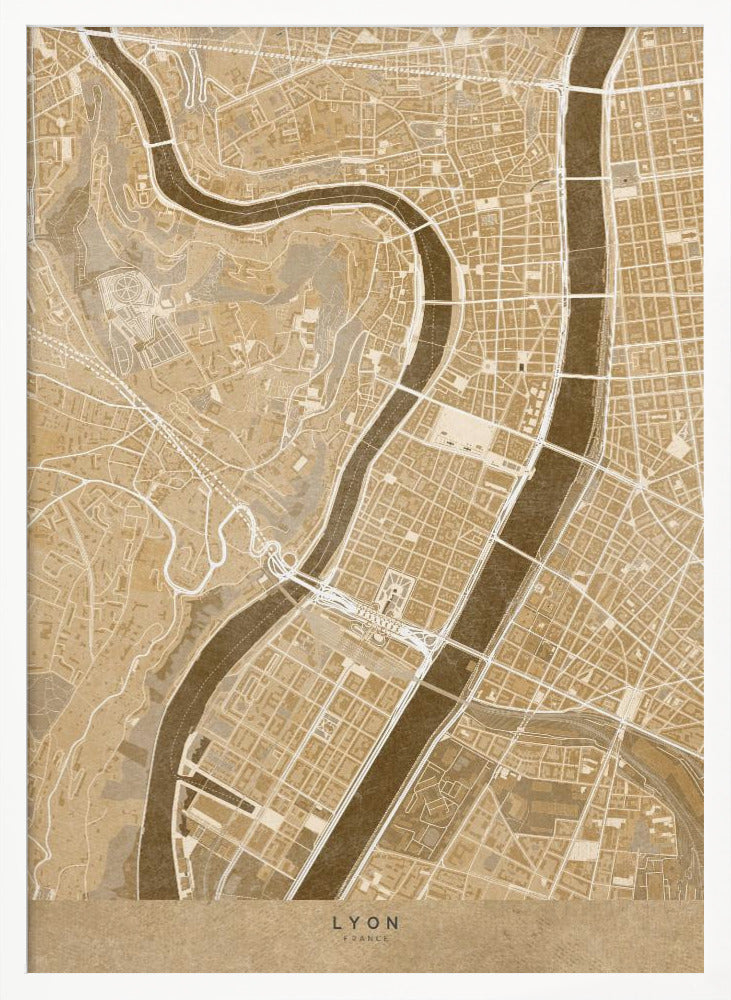 Sepia vintage map of Lyon downtown France Poster