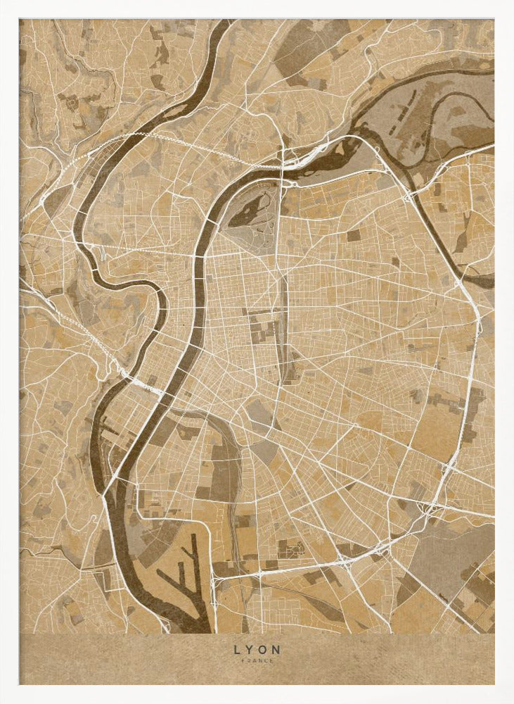 Sepia vintage map of Lyon France Poster