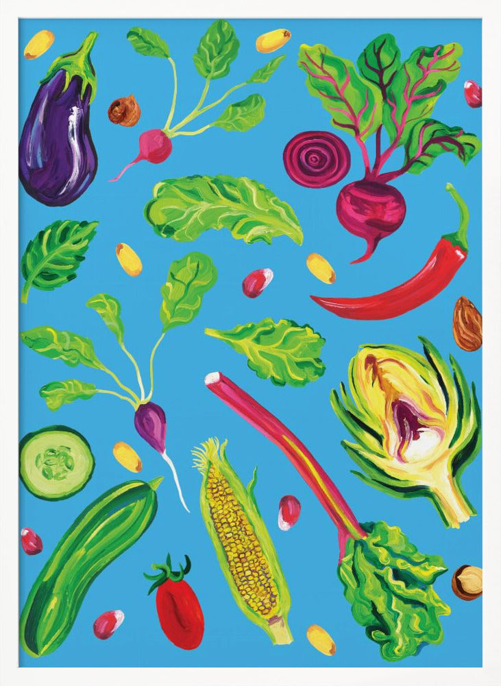 Spring Vegetables Blue Poster
