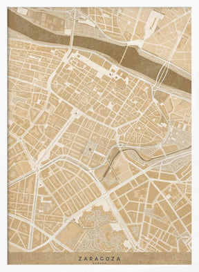 Map of Zaragoza downtown (Spain) in sepia vintage style Poster