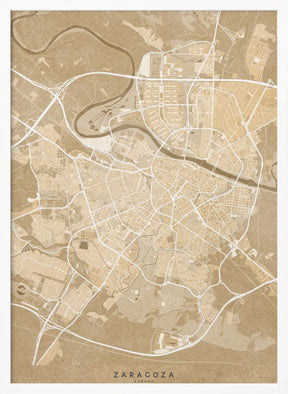 Map of Zaragoza (Spain) in sepia vintage style Poster