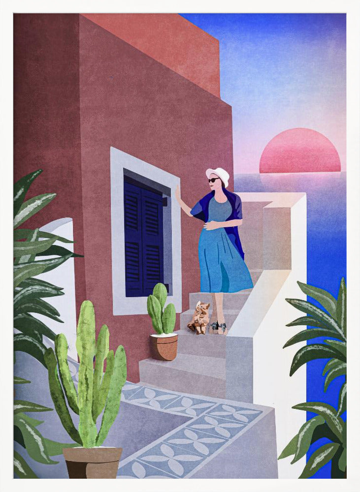 Lady and Cat In Santorini Poster