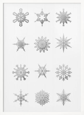 Twelve geometric snowflakes in gray Poster