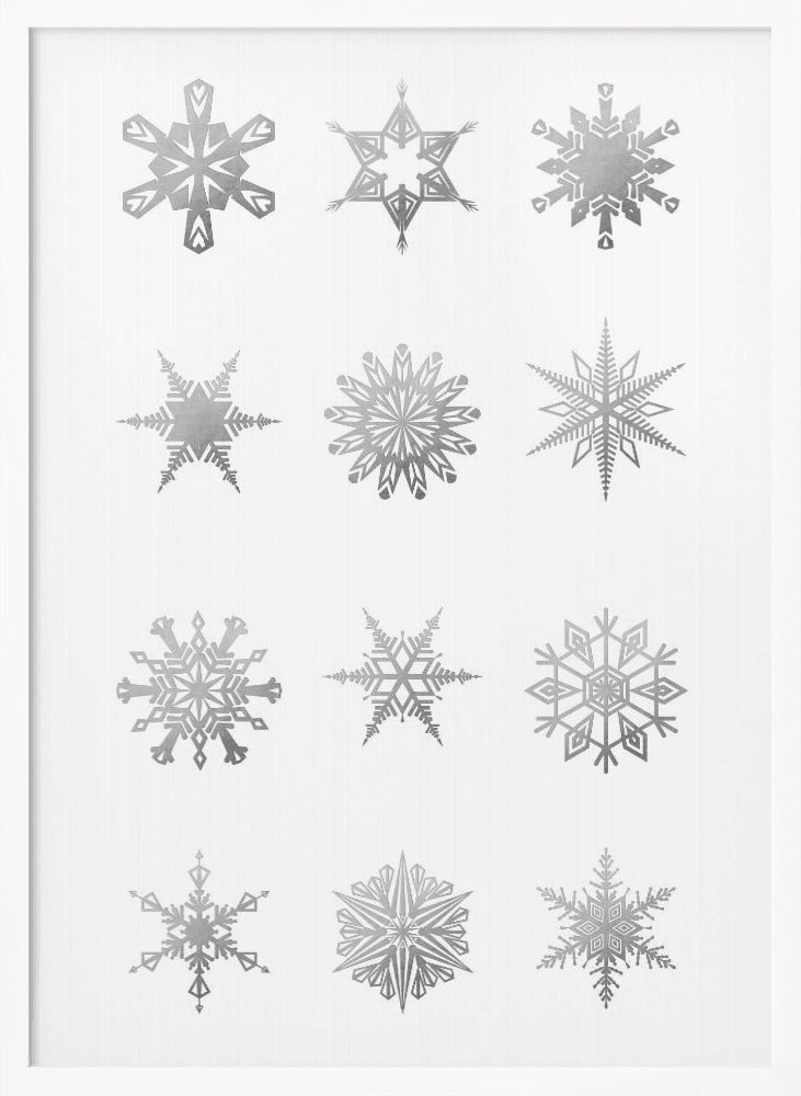 Twelve geometric snowflakes in gray Poster