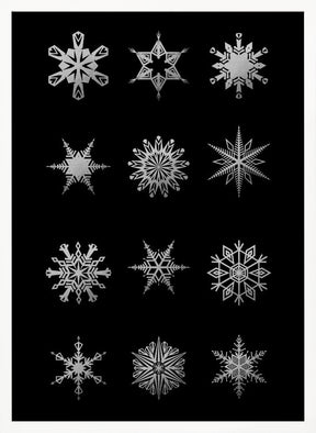 Twelve geometric snowflakes in black Poster