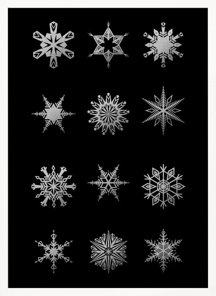 Twelve geometric snowflakes in black Poster