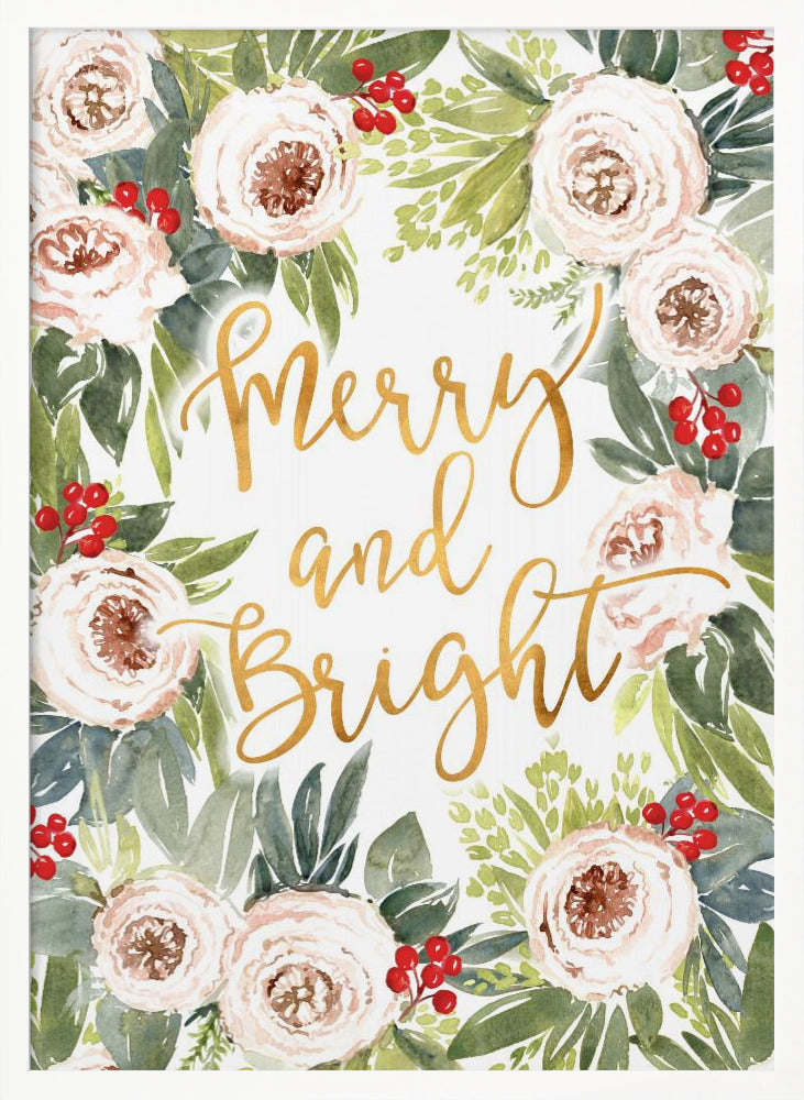 Merry and bright holiday roses and berries Poster