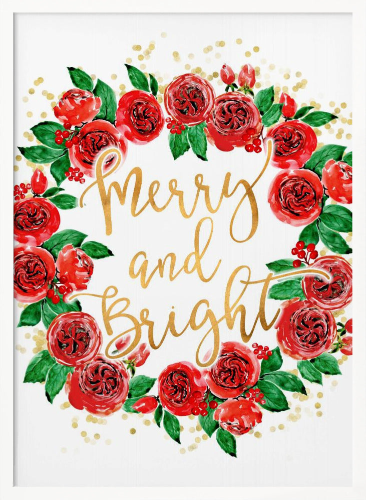 Merry and bright wreath of red English roses Poster