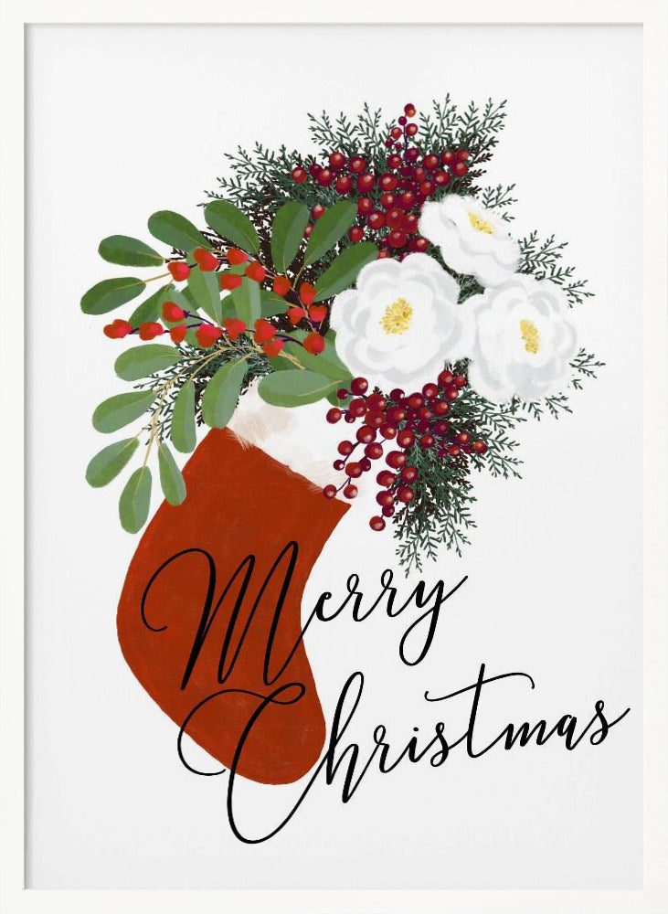 Floral Stocking Merry Christmas in white Poster