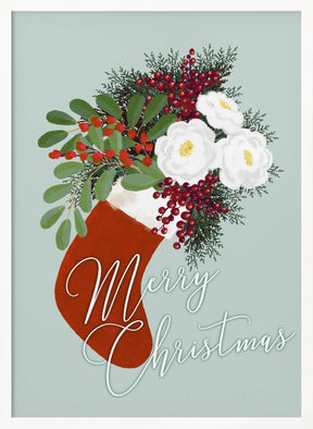 Floral Stocking Merry Christmas in mint Poster