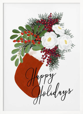 Floral Stocking Happy holidays in white Poster