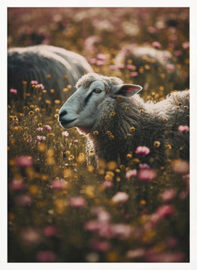 Sheeps In Flower Field Poster