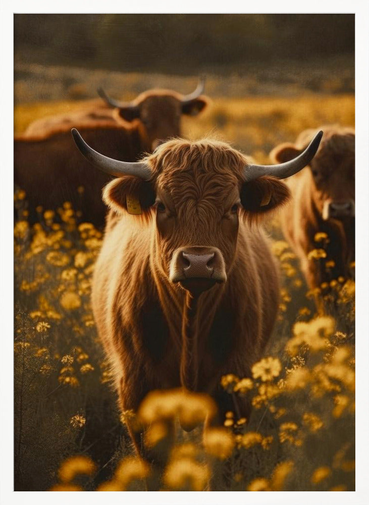 Highland Cows In Flower Field No 2 Poster