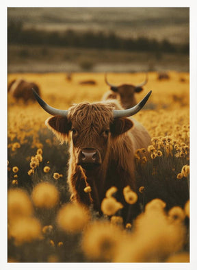 Highland Cows In Flower Field Poster