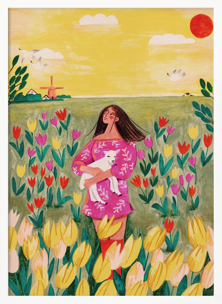 Woman in spring tulip field Poster