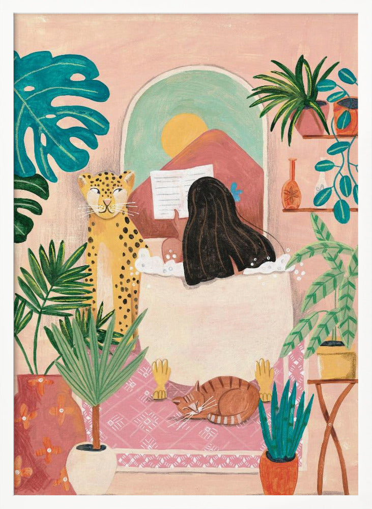 Woman taking bath in pink tropical bathroom Poster