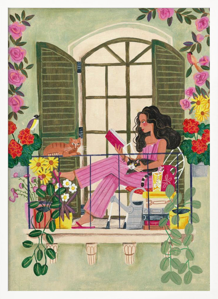 Woman reads on balcony Poster