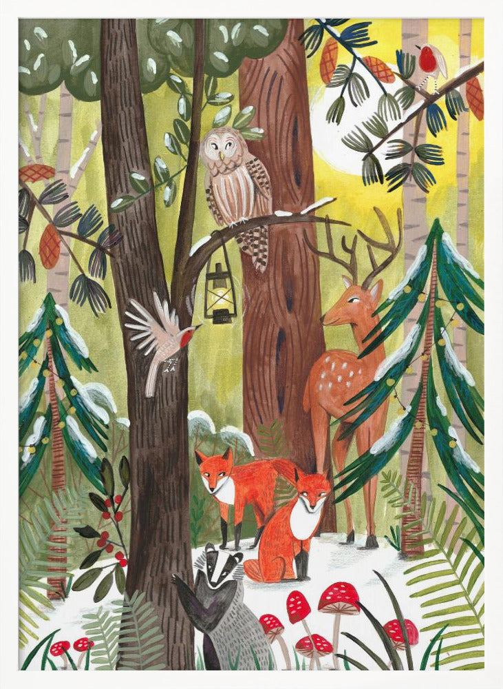 Green Christmas forest with animals Poster