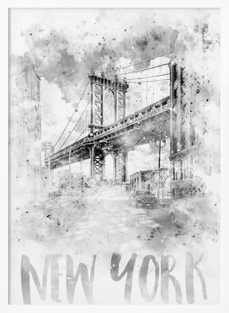 Monochrome Art NYC Manhattan Bridge | watercolor Poster