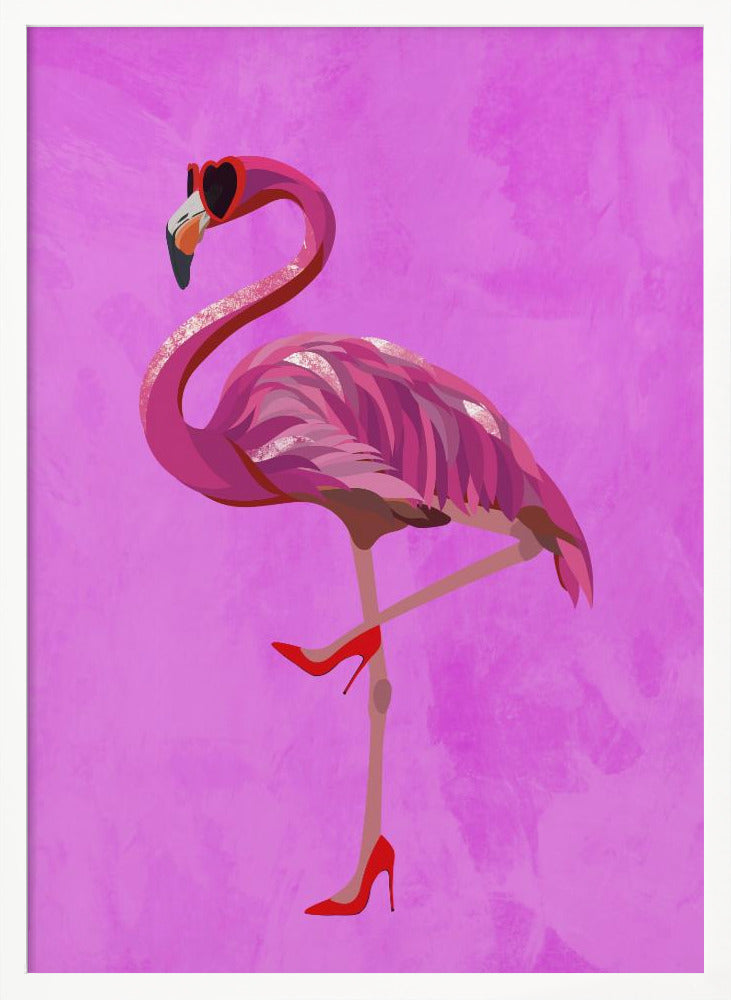 Flamingo in heels and heart glasses pink Poster