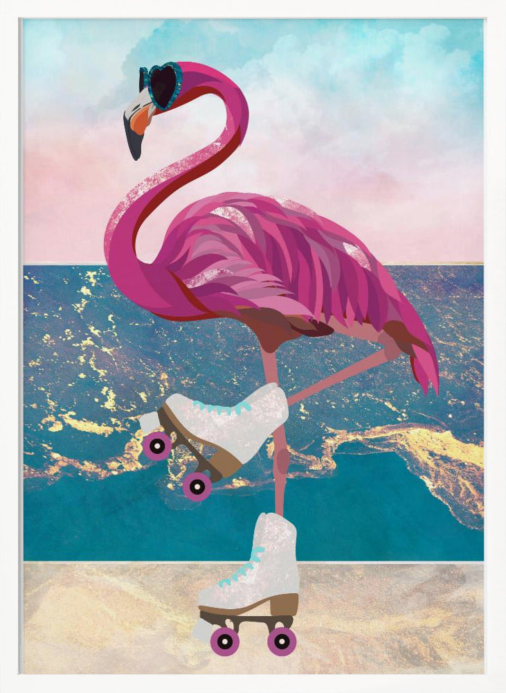 Flamingo rollerskating on the beach Poster