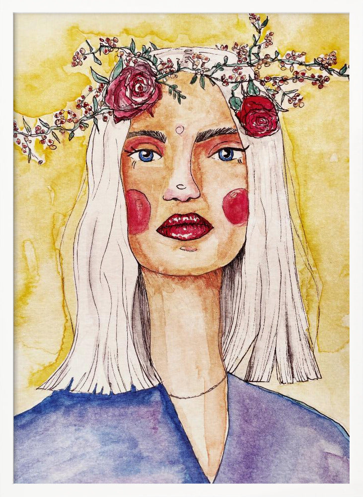 Lady with flower wreath Poster