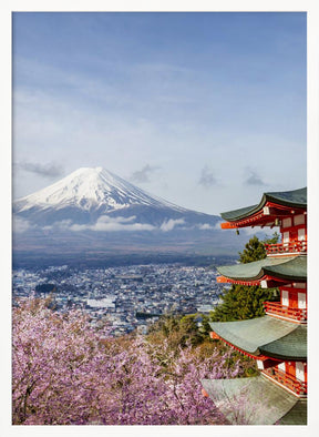 Unique view of Mount Fuji with Chureito Pagoda during cherry blossom season Poster